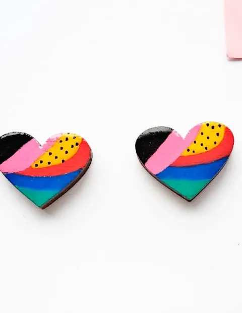heart-stud-wooden-colourful-earrings-yellow-polka-dot